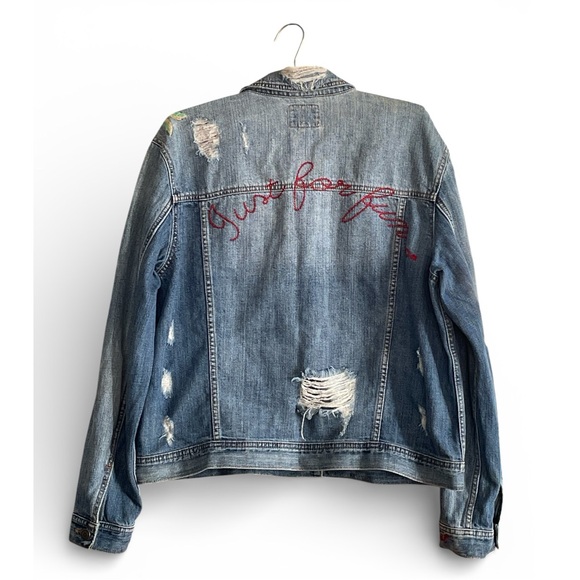 American Eagle Outfitters Distressed Jean Jacket with Floral Embroidery Size XL - Picture 2 of 7